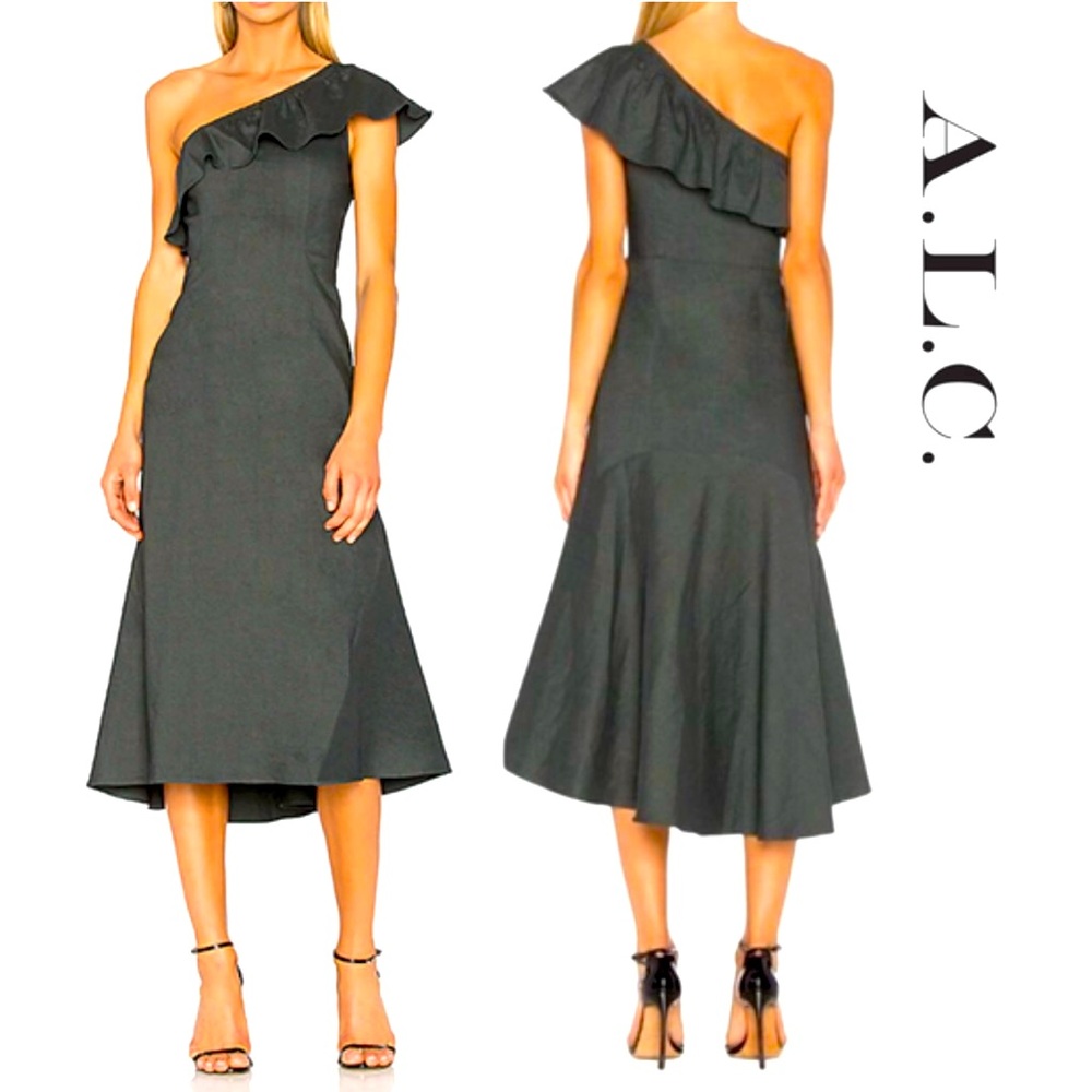 A.L.C. Evangeline Asymmetrical One Shoulder Midi Dress - Ruffle Detail - Size 10